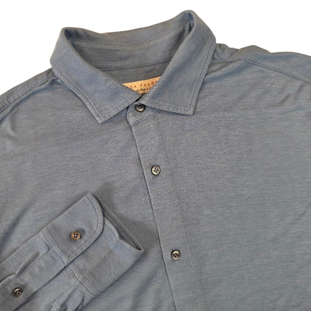 Luca Faloni Mens XL Siena Cotton Pique Shirt Blue Long Sleeve Made in Italy
